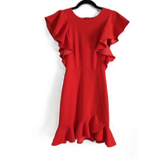 Saints + Secrets Dresses & Skirts - NWT Saints + Secrets Ruffle Shoulder Asymmetrical Mini Cherry Red Dress-*Sm-XS